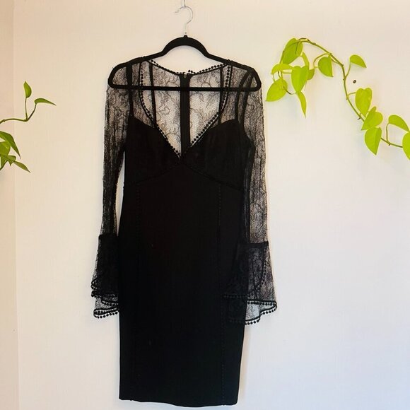 Nicholas Sheer Lace Bell Sleeve Cocktail Sheath Dress - Black - Size 6 - Picture 4 of 17